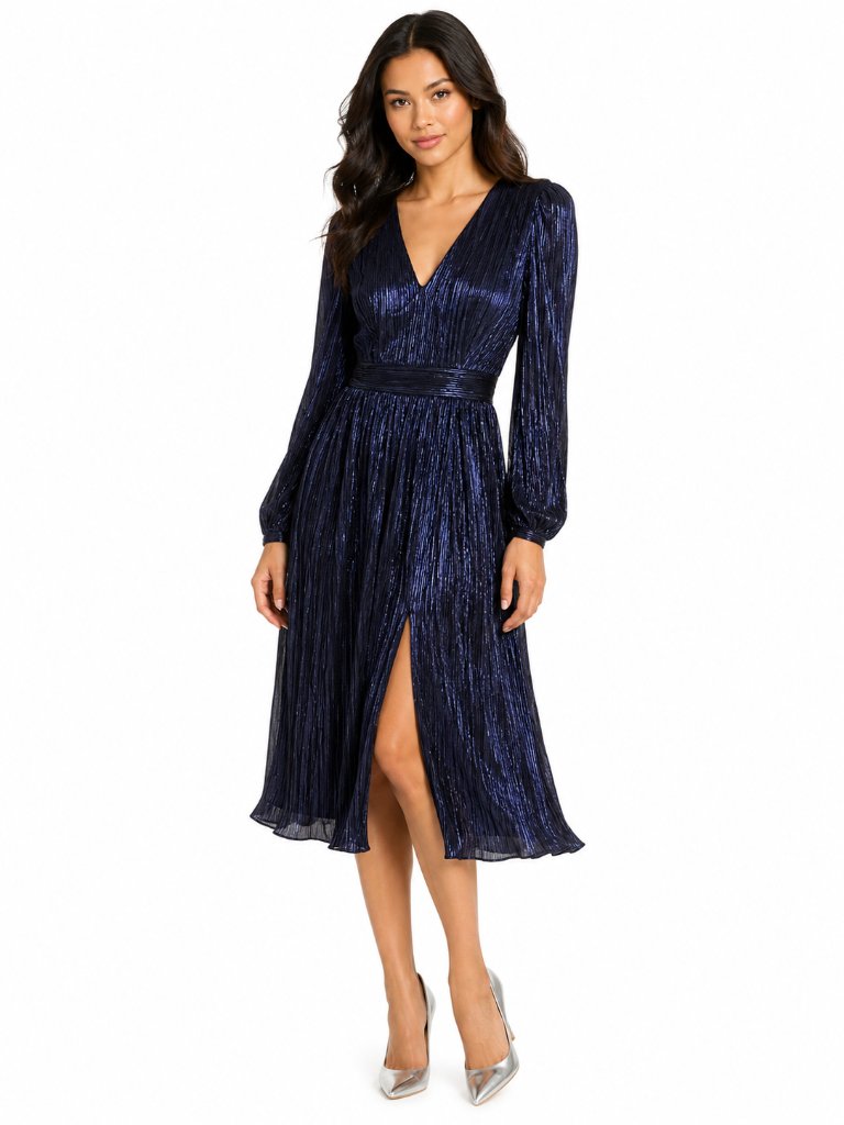 Dress The Population Holly Metallic Pliss Dress Xxs Blue